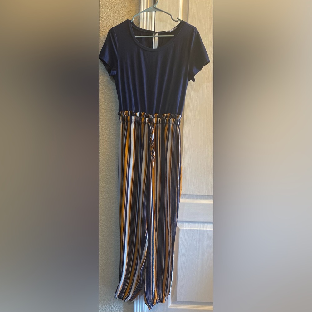 Bailey Blue- Navy Blue & Mustard Yellow Striped Jumpsuit